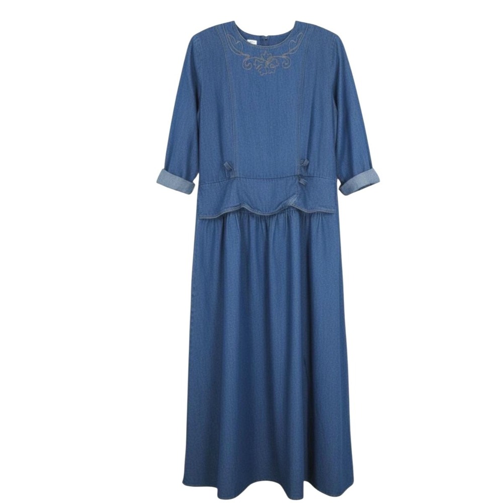 Vtg NINA PICCALINO Denim Embroidered Trim Cuffed COTTAGECORE Jean Dress Sz L